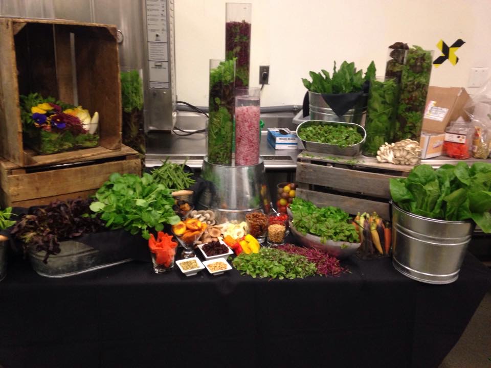 Farm-to-table produce display with fresh herbs, flowers, and seasonal vegetables