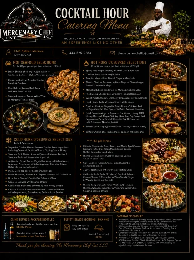 The Mercenary Chef Cocktail Hour catering menu, featuring hot and cold hors d'oeuvres, seafood selections, specialty platters, and drink service options